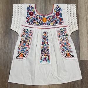 Vtg Artesanias FR Mexican Huipil Hand Embroidered Folk Art Tunic L Boho Festival